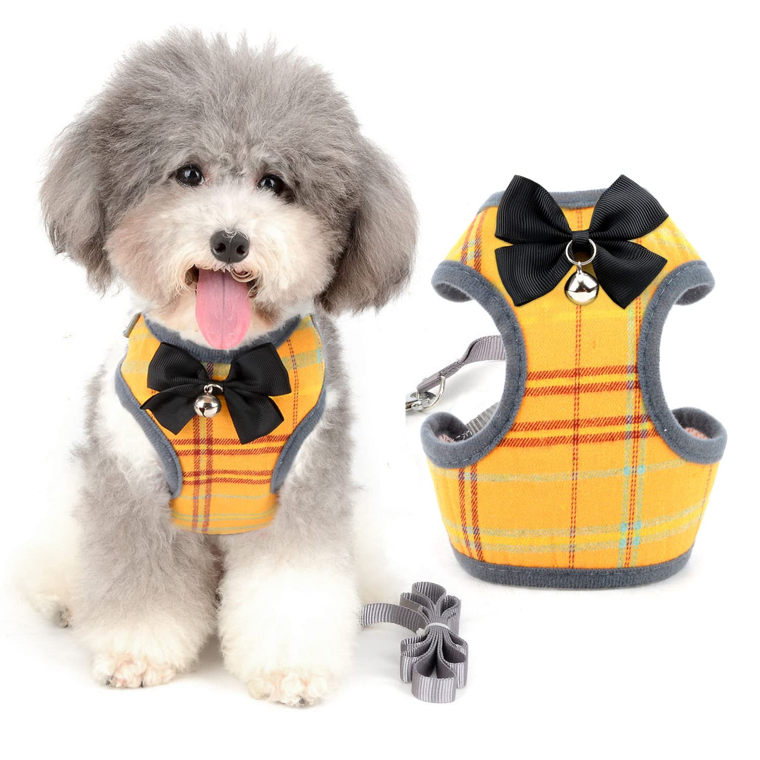 Zunea No Pull Small Dog Harness and Lead Sets Adjustable Soft Mesh Plaid Tuxedo Vest Clothes with Bowtie and Safety Bell for Puppy Chihuahua, Escape proof Cats Harnesses for Walking Yellow L