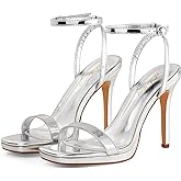 Elisabet Tang Women’s Stilettos Heeled Sandals Open Square Toe Heels,4.3 Inch Open Toe Strappy Sexy High Heels Ankle Strap Buckle Heels for Party Wedding Dress Daily Wear Shoes