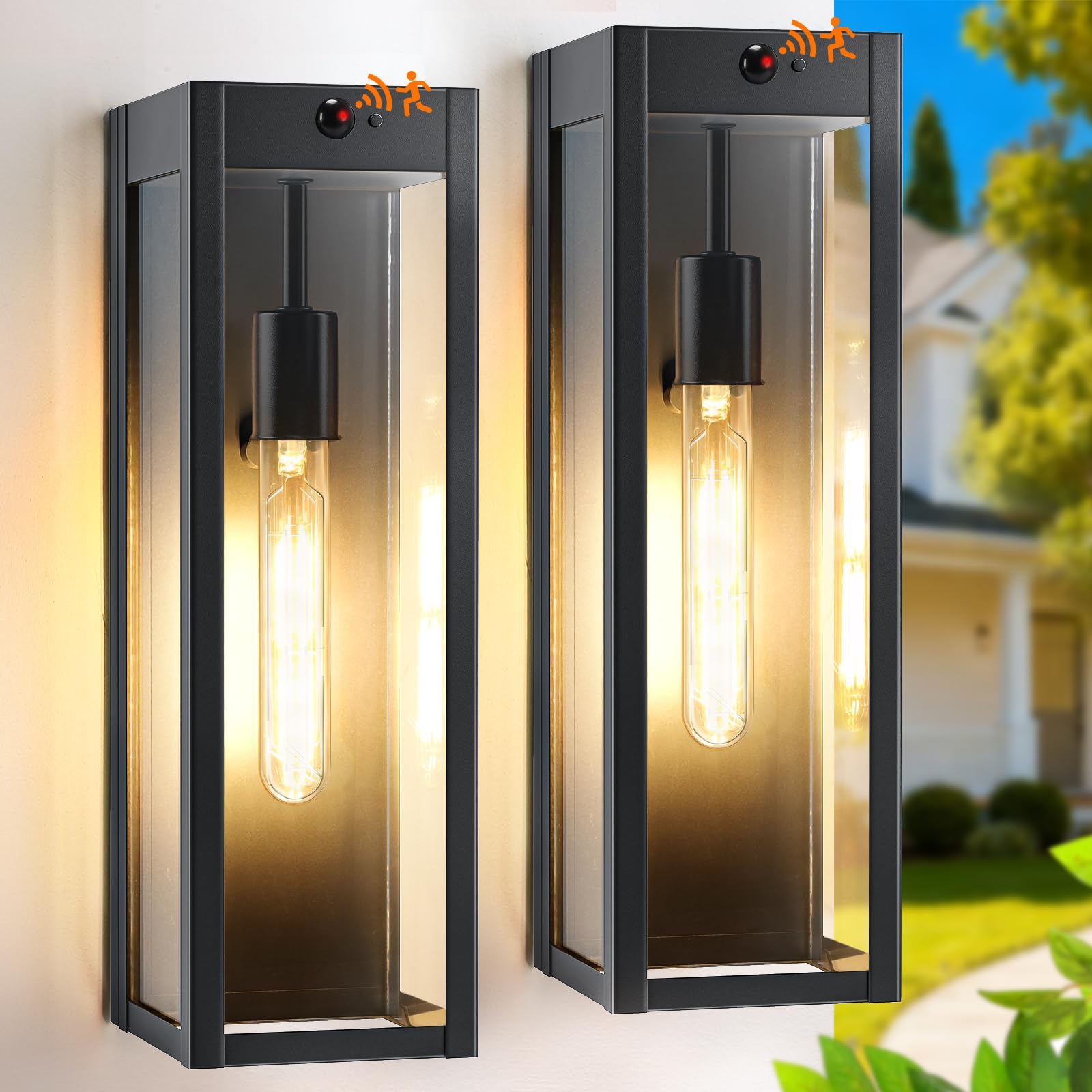Photo 1 of 15.3" Large Motion Sensor Exterior Wall Light Sconces 2-Pack, Waterproof Dusk to Dawn Black Exterior Lighting Fixtures Wall Mount with 3 Lighting Modes, Outdoor Porch Coach Lights for Garage House