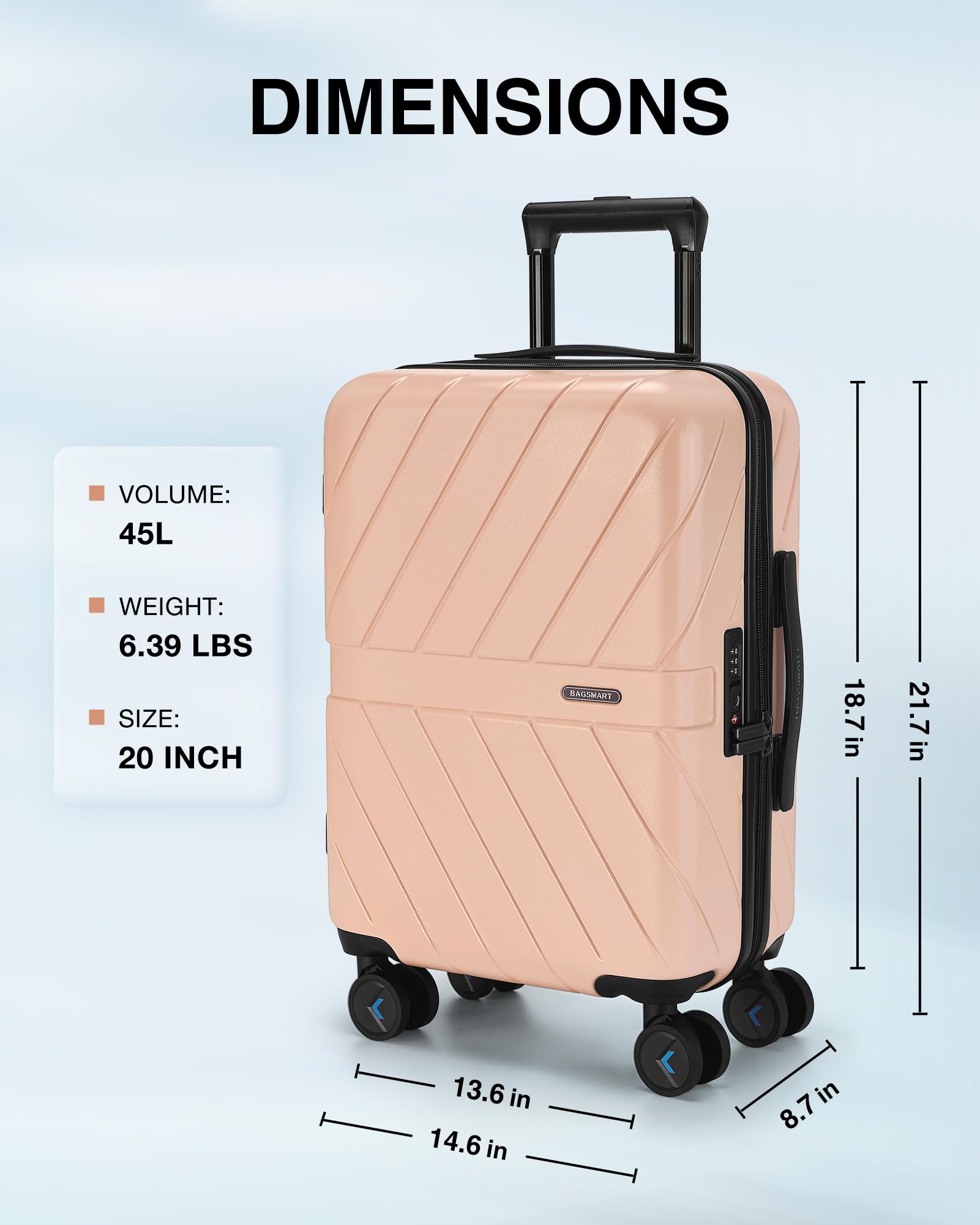 BAGSMART Carry On Luggage 22x14x9 Airline Approved, 100% PC Lightweight Carry On Suitcase, Hard Shell Luggage with Spinner Wheels, 20 Inch Rolling Suitcases, Sunny