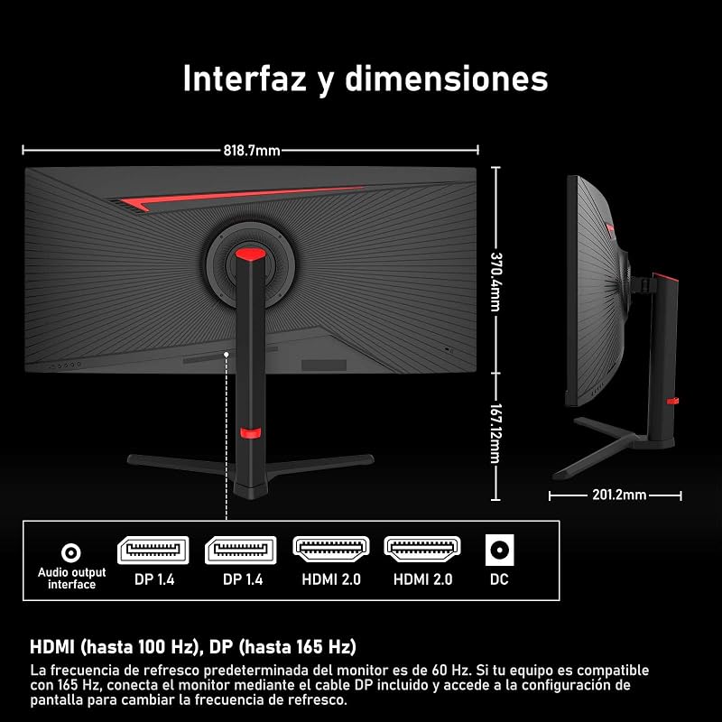 Monitor de gaming ultrawide curvo de 34 polegadas, 165 Hz, 3800R 21:9 UWQHD (3440×1440) Ecrã, 120% sRGB, 1 ms, Adaptive Sync, DisplayPort, HDMI, Suporte Ajustável em Altura - Preto