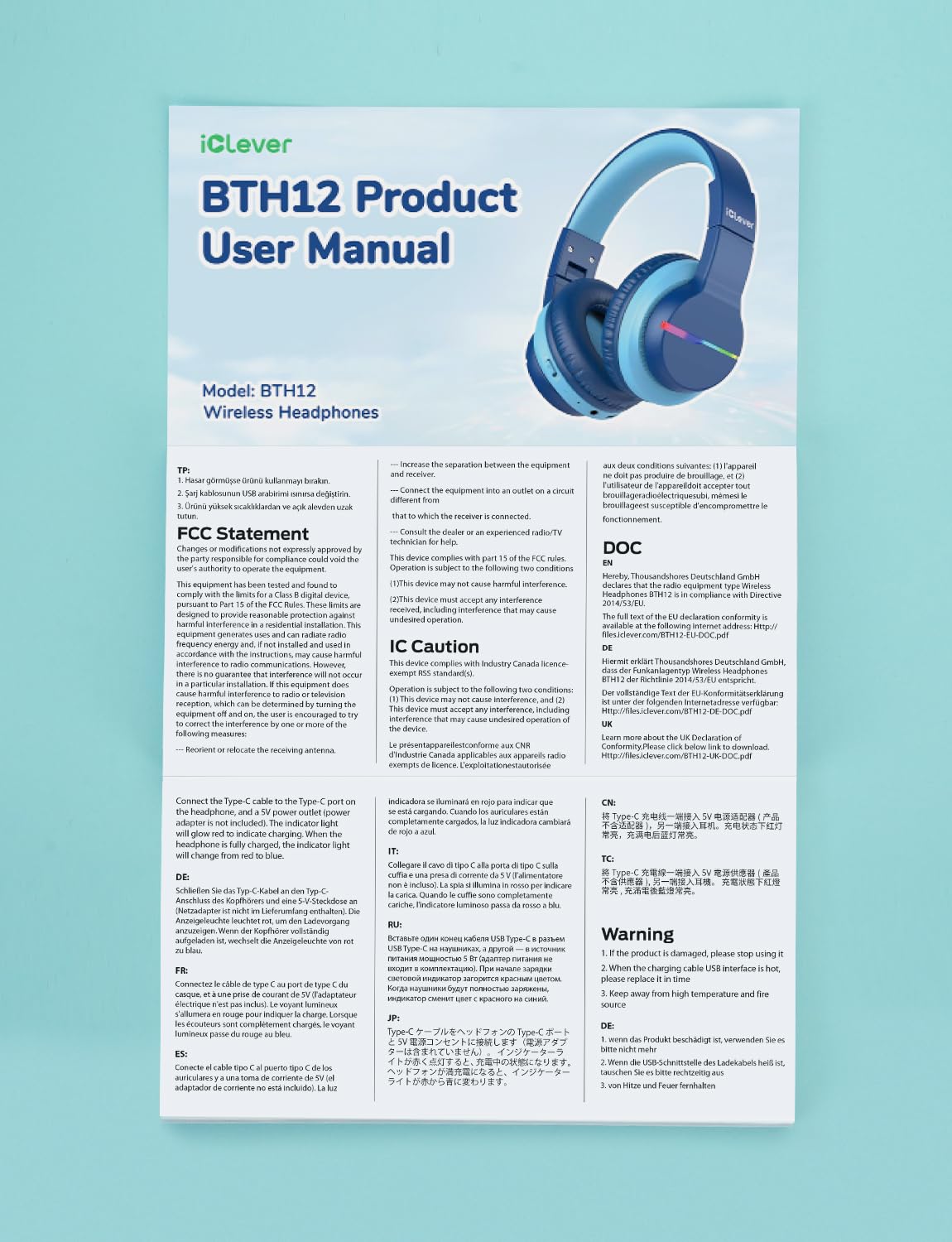 iClever BTH12 Kids Bluetooth Headphones,Colorful LED Lights Kids Headphones Wireless,74/85dBA Safe Volume,85H Playtime,Fast Charging,Bluetooth 5.2,Over Ear,Built-in Mic for iPad/Tablet/Airplane,Blue