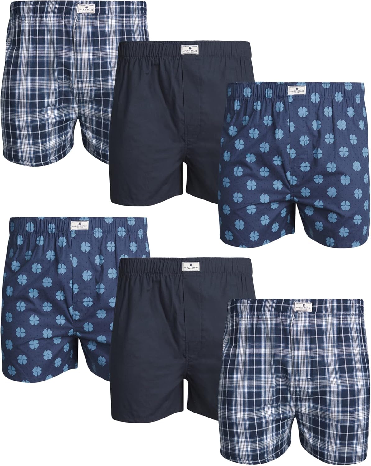 Photo 1 of Lucky Brand Men's Boxer Shorts - 6 Pack Relaxed Fit Cotton Boxers with Functional Fly and Elastic Waistband (Sizes: S-XL), Size X-Large, Blue Plaid/Navy/Blue Floral Print