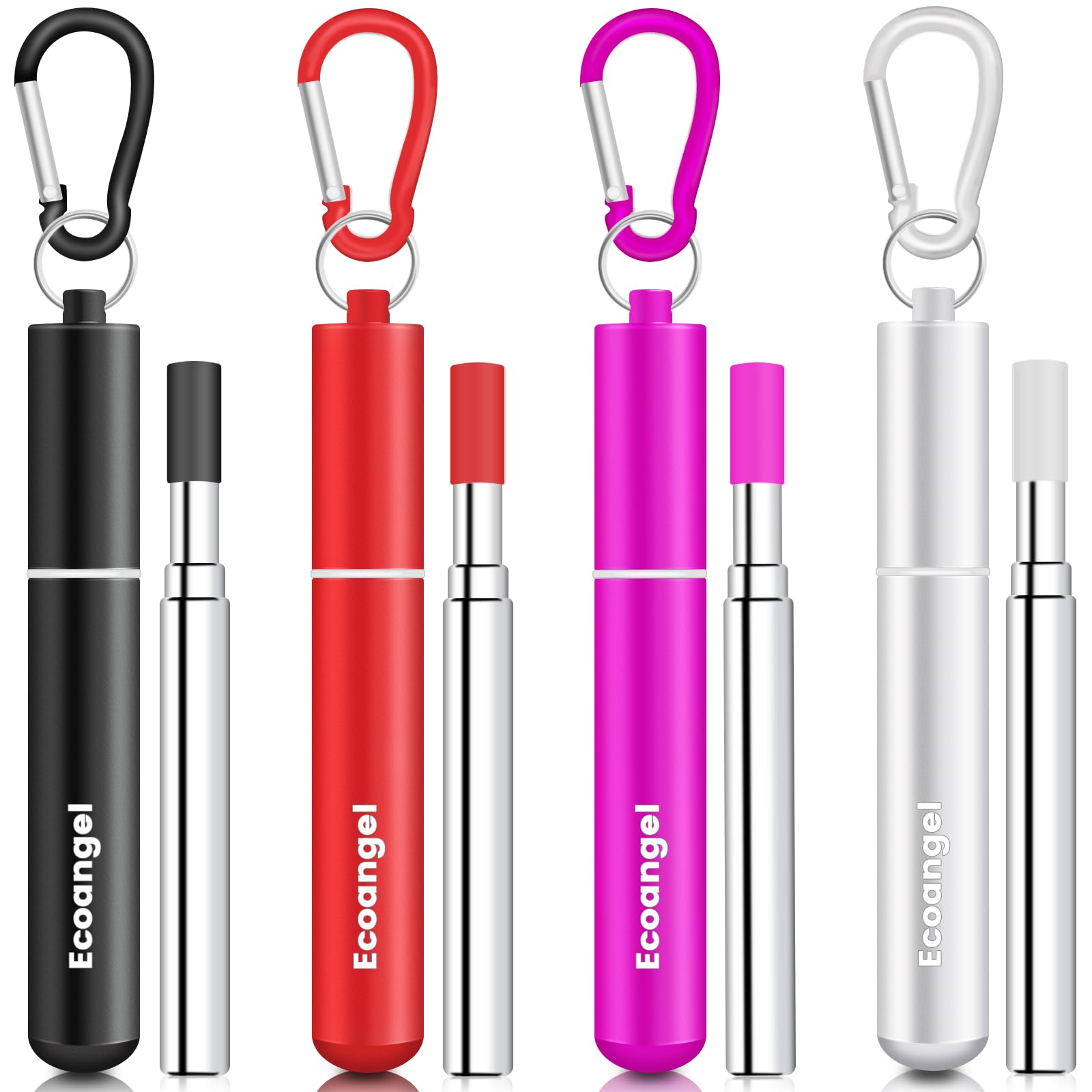 4 Pack Portable Reusable Metal Straw Collapsible Stainless Steel Drinking Straw Telescopic Straw to Drink Water Smoothie with Aluminum Key-chain Case & Cleaning Brush (Black&rose gold&silver&red)