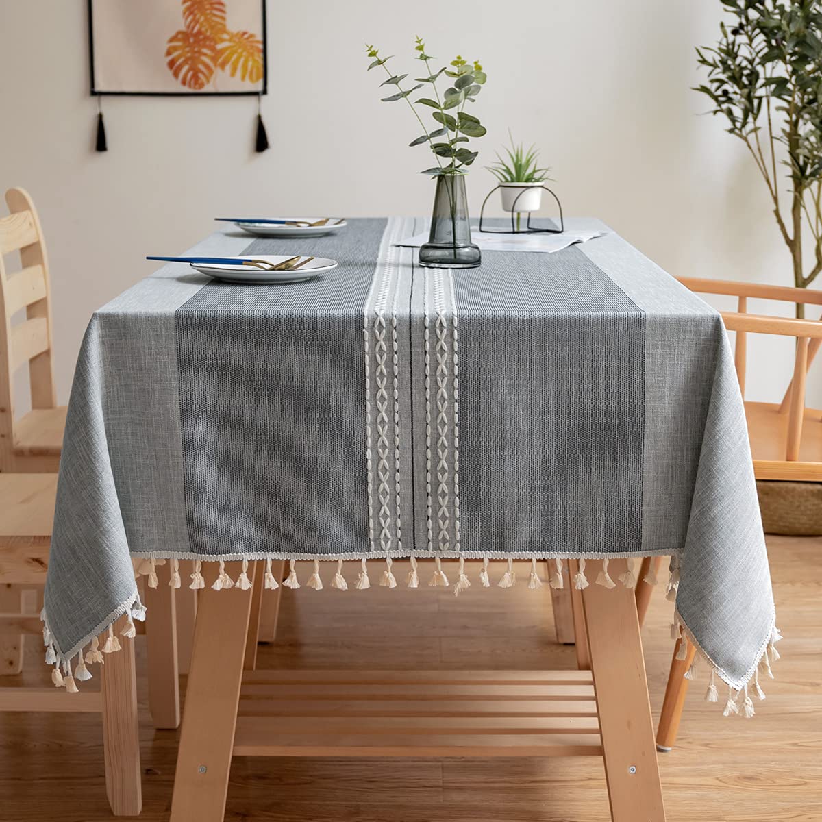 INKAROBOX Stain Resistant Rectangular Tablecloths Cotton Linen Tablecloth with Tassel Trim Washable Dust Cover Kitchen Dining Table (Grey, 140 x 180 cm)