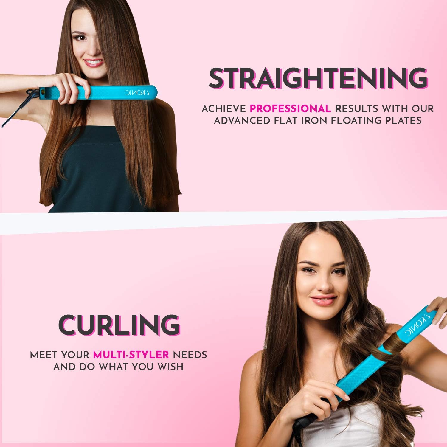 iKonic Persona Ceramic Flat Iron Professional Hair Straightener and Curler with Floating Ceramic Plates – Digital Temperature Controls – Straightens & Curls All Hair Types – Dual Voltage: Health & Personal Care
