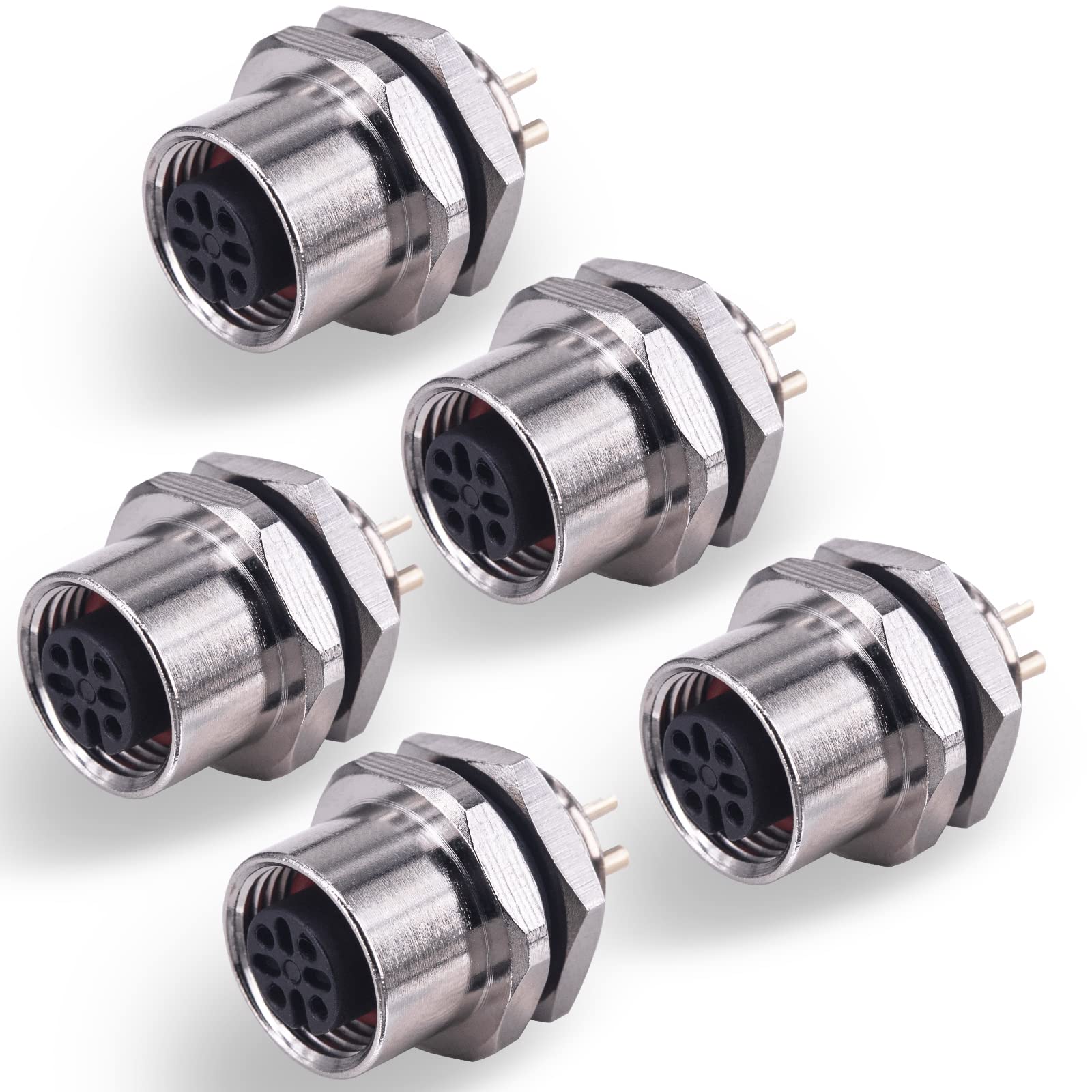 Lonlonty M12 4Pin A Coded Female Straight IP67 Waterproof Rear Bulkhead Panel Receptacles Cable Solder Type Field Assembly Sensor/Actuator Panel Mount Connector 12mm 5PCS — image 1