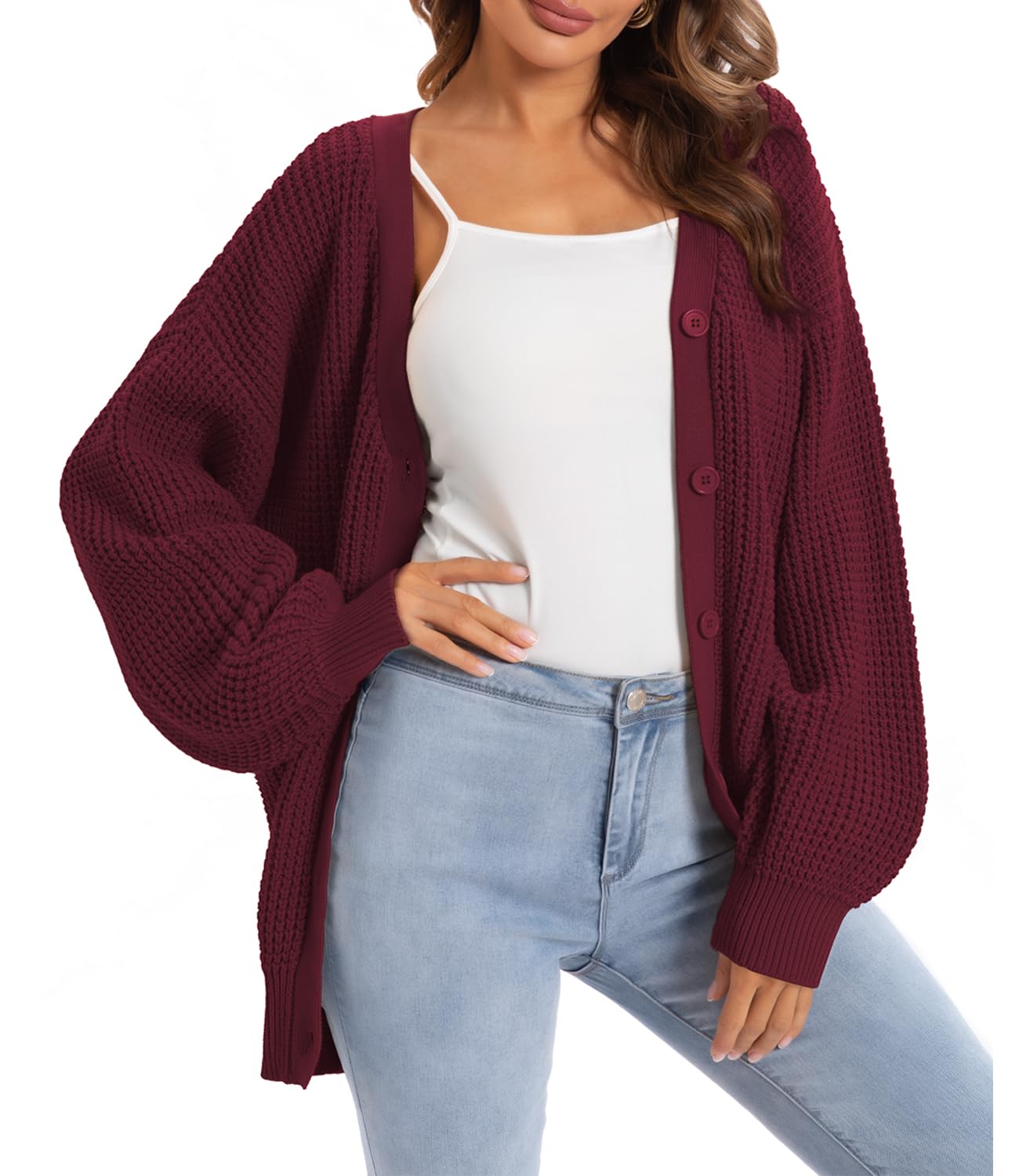 QUALFORT Cardigan Sweaters for Women 100% Cotton Button-Down Oversized Knit Outerwear Fall Tops for Women 2026 Wine Red Image