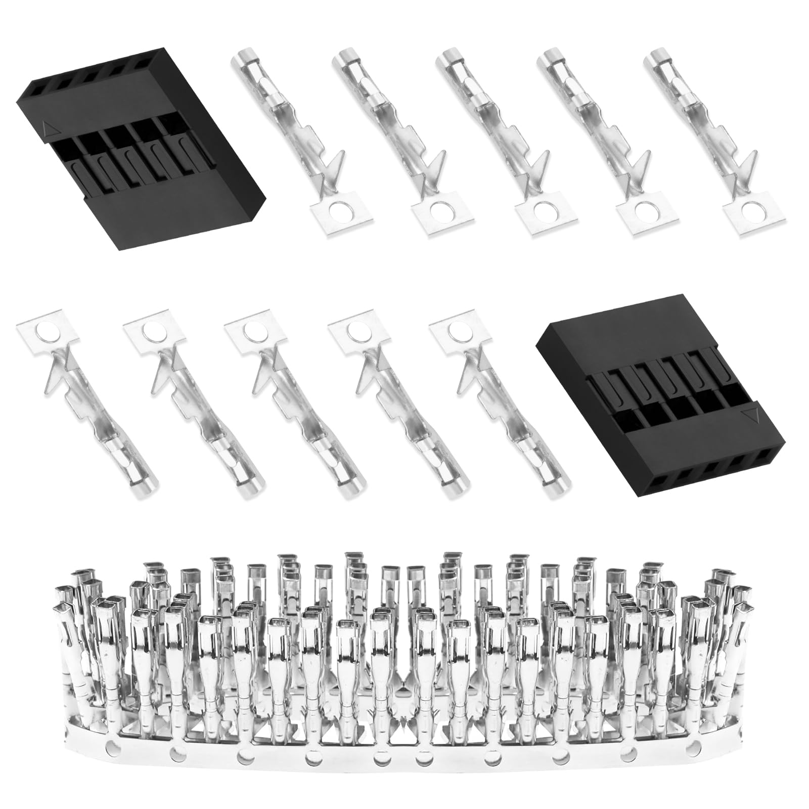 Pzsmocn 50 Sets / 300 Pieces for Dupont 2.54 mm Pitch 5-Pin Adapter Connector Female Housing Black Socket Terminal Compatible with Wires Cable 30-26 AWG Accessories, Header Crimp Pins Kit