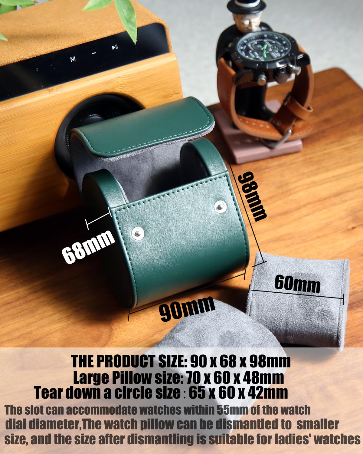 Besforu Watch Roll Travel Case for Men and Women with Suede Lining Watch Display Box Single Watch Storage and Organizer (Green)