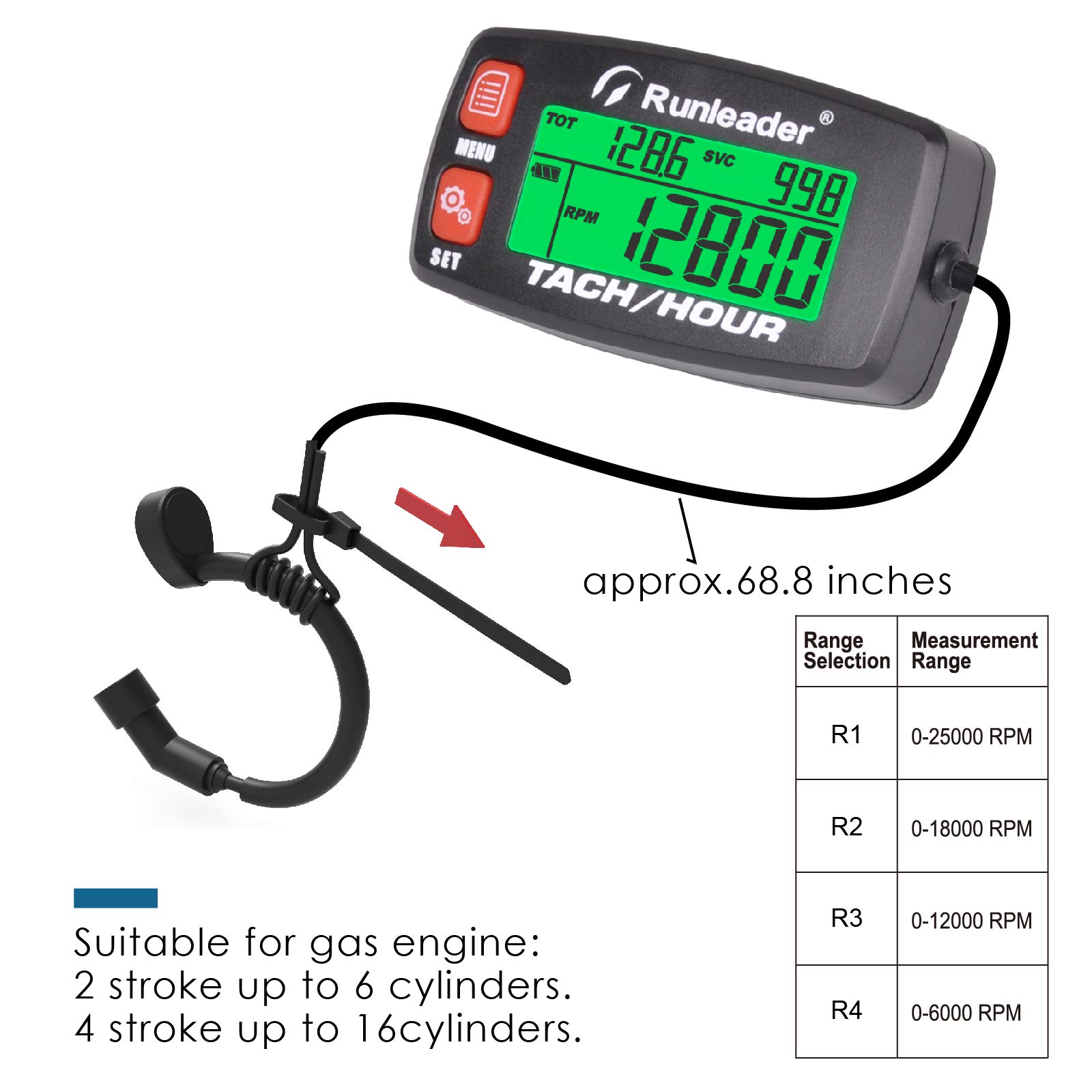 Runleader Digital Gas Engine Tachometer, Hours & RPM Record,Backlight