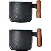 Zurucily 2 oz Espresso Cups Set of 2, Ceramic Espresso Cups with Wooden Handle Small Tea Cups