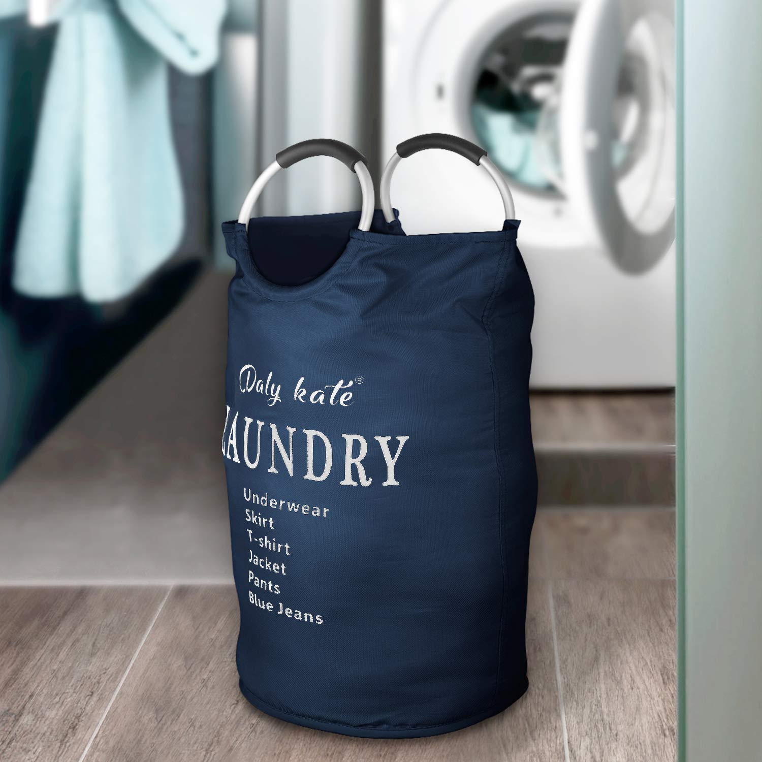 Daly Kate Large Laundry Bag Collapsible Oxford Fabric Laundry Hamper Bag with Aluminium Handles Foldable Tote Clothes Basket for Laundry and Storage-Dark Blue
