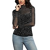 SEBOWEL Women Rhinestone Top Blouse Glitter Sparkly Ruched See Through Top Mock Turtle Neck Long Sleeve Sheer Mesh Tops