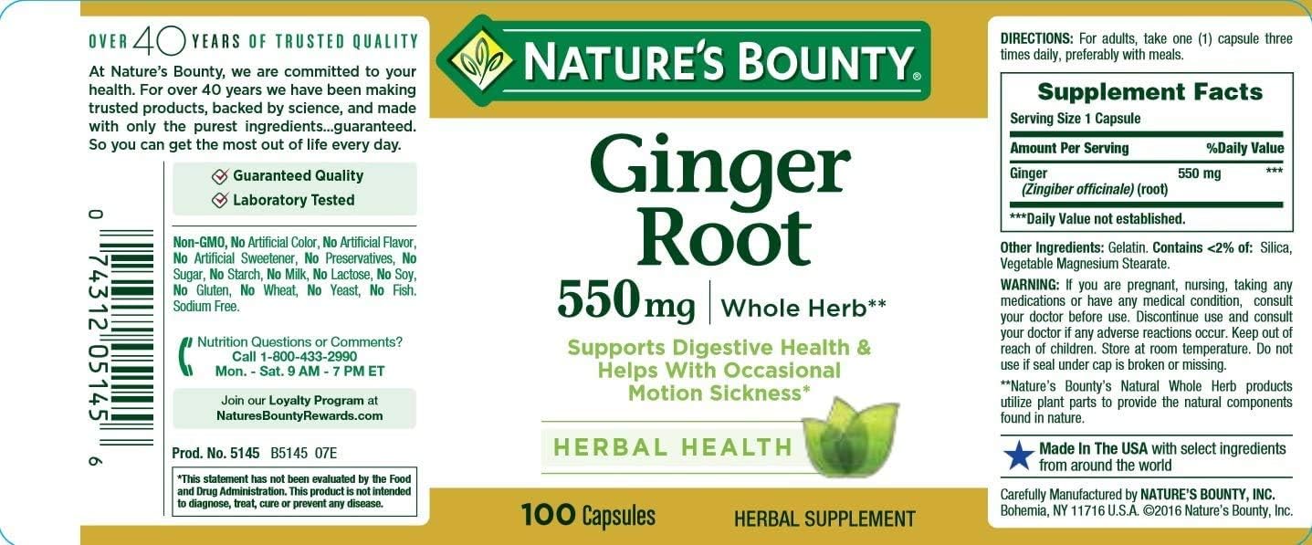 Nature's Bounty Ginger Root Pills and Herbal Health Supplement, Supports Digestive Health, 550mg, 100 Capsules: Health & Personal Care