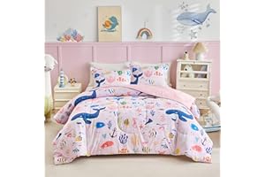 Joyreap Cotton Twin Size Comforter Set for Girls, World of The Sea Pink Ocean Theme Design, Soft n Cozy 3 Pieces Bedding Comf