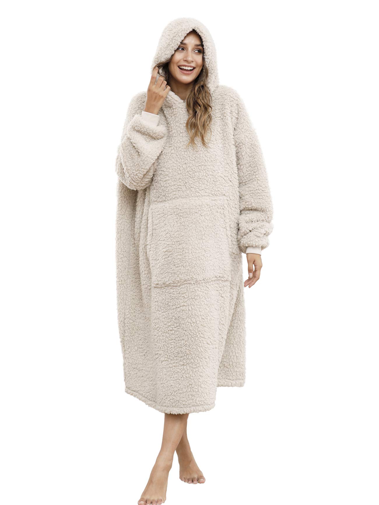 ililmmoe Sherpa Wearable Blanket Oversized Hoodie Sweatshirt TV Blanket with Long Sleeves and Pocket-Beige