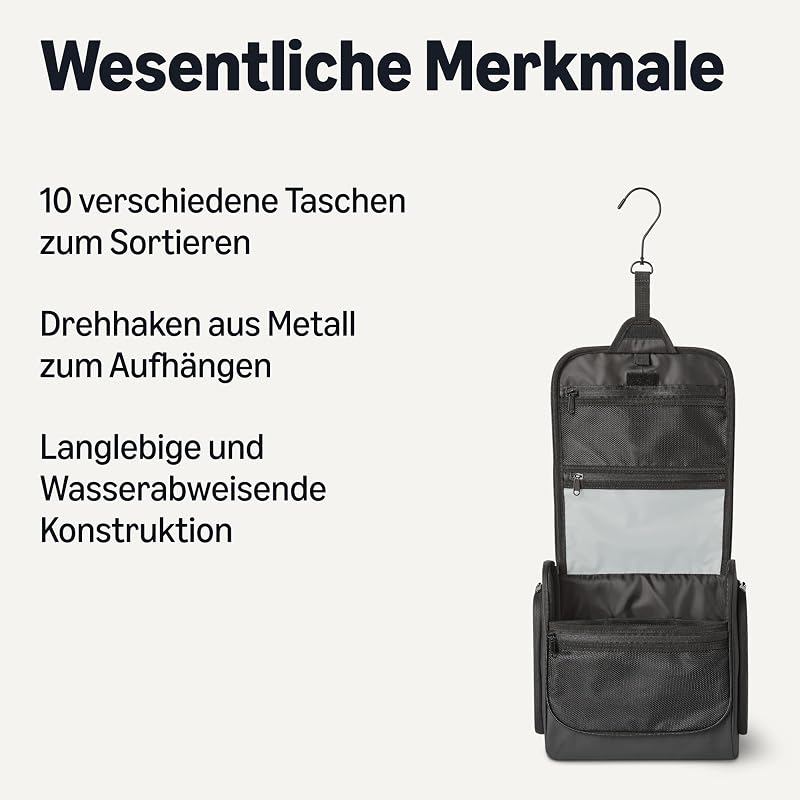 Reise-Kulturbeutel mit Aufhängehaken – tragbare Kosmetiktasche, großräumiger Reise-Organizer für Kosmetika und Toilettenartikel in Originalgröße, 25,4 cm, schwarz