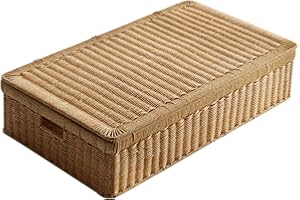 Wicker Storage Bins with Lid Handwoven Plastic Rattan Basket Rectangular Decorative Shelf Baskets Bin with Handles Household 