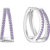 Lwsary Double Hoop Earrings for Women 925 Sterling Silver Huggie Earrings Birthstone Jewelry Gifts for Her