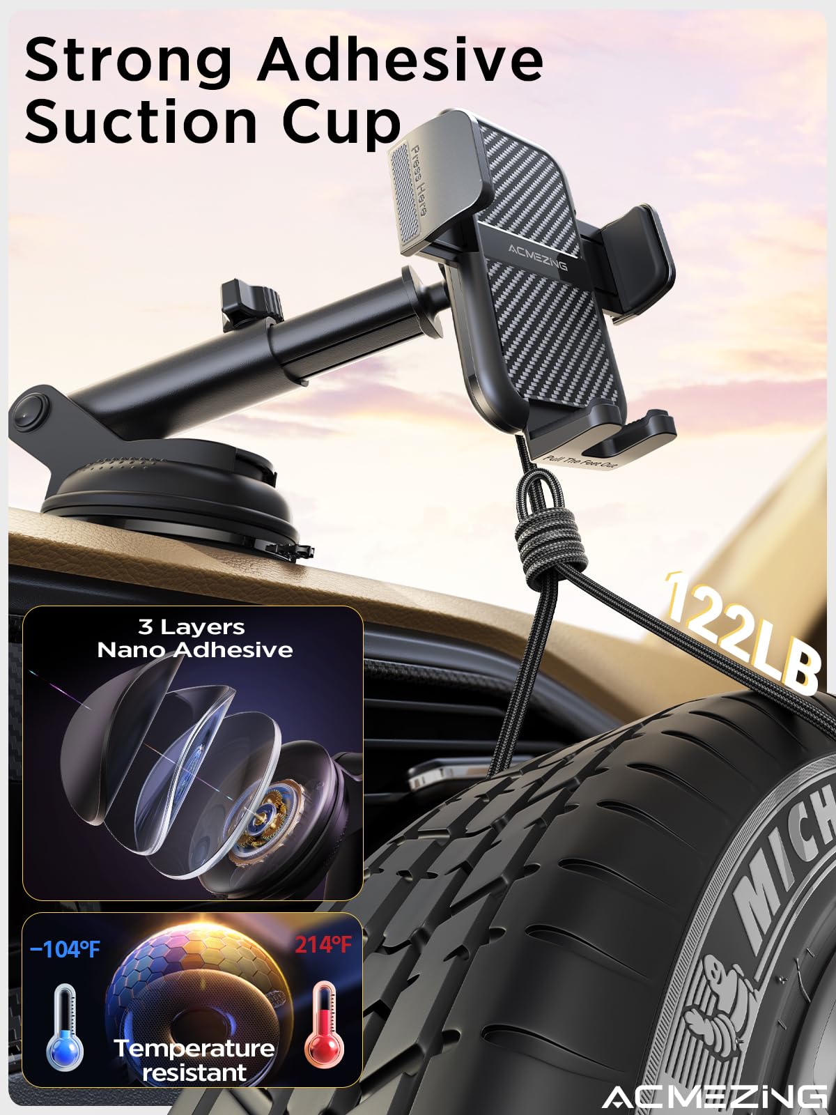 3-in-1 Car Phone Holder [122+LBS Strongest Suction & Stable Clamp Arm] 360° Adjustable Car Phone Mount, Cell Phone Holders for Your Car for Dashboard Vent, All Smartphones & Car Models (Silver)