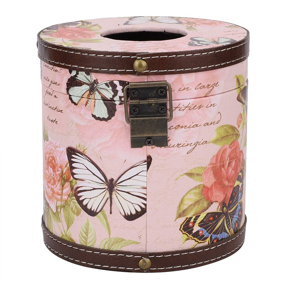 Alvinlite Round Wooden Tissue Box Cover, Retro Butterfly Tissue Box Holder Vintage Flower Napkin Holder Pumping Paper Case Dispenser Napkin Organizer for Bathroom Vanity Dressers Tables Desks