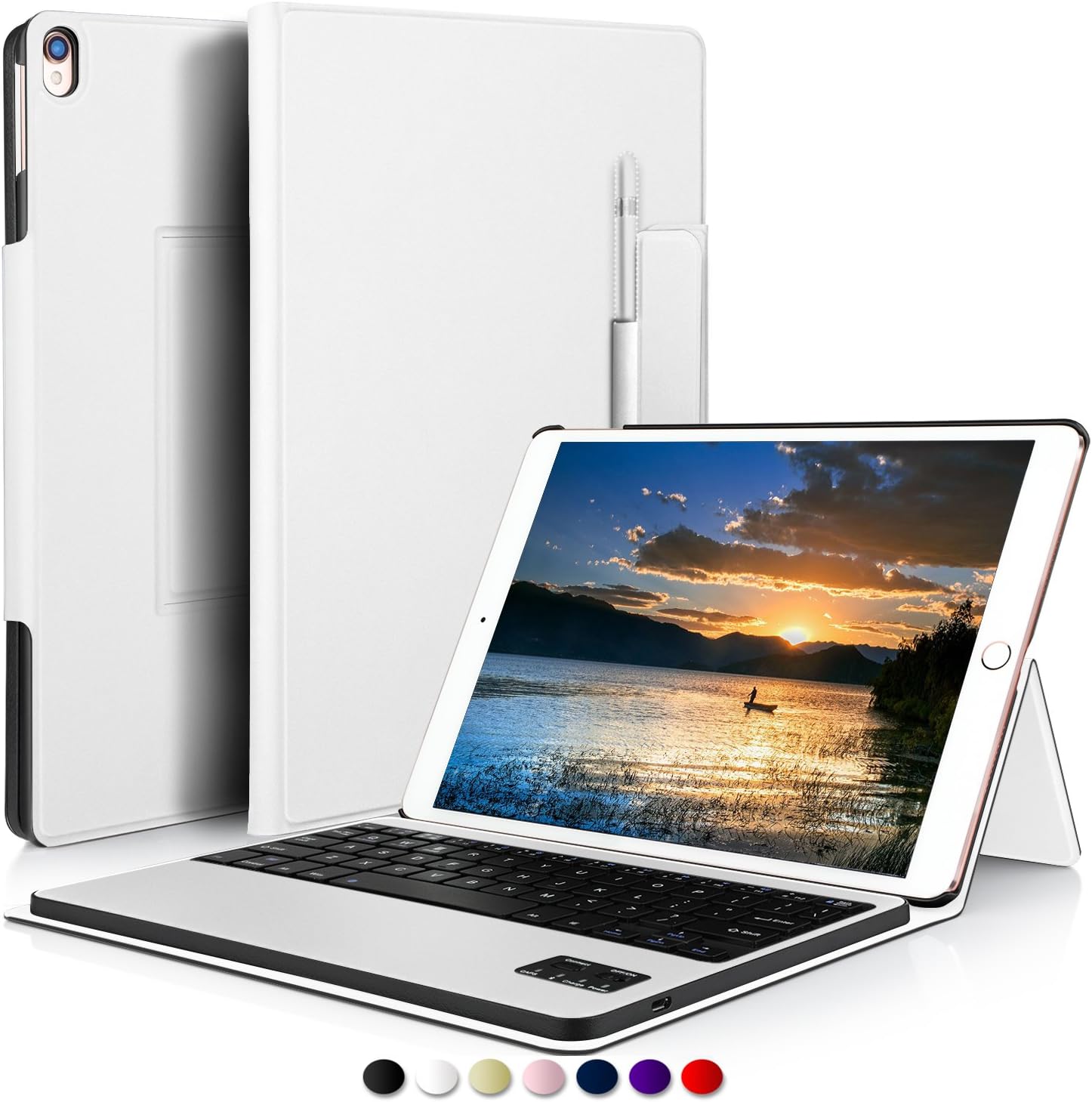IVSO Case with Keyboard for Apple iPad Pro 10.5, Ultra-ThinOne-Piece Keyboard Stand Case/Cover + Pencil Holder for Apple iPad Pro 10.5-inch 2017 Version/iPad air 10.5 2019 Tablet(White)