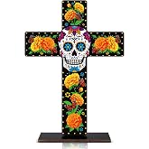 Day Of The Dead Table Decorations Wooden Dia De Los Muertos Altar Table Centerpiece Indoor Cross Tabletop Decoration Skull Mexican Halloween Decor Crucifix for Home Church Desk Tiered Tray Shelf
