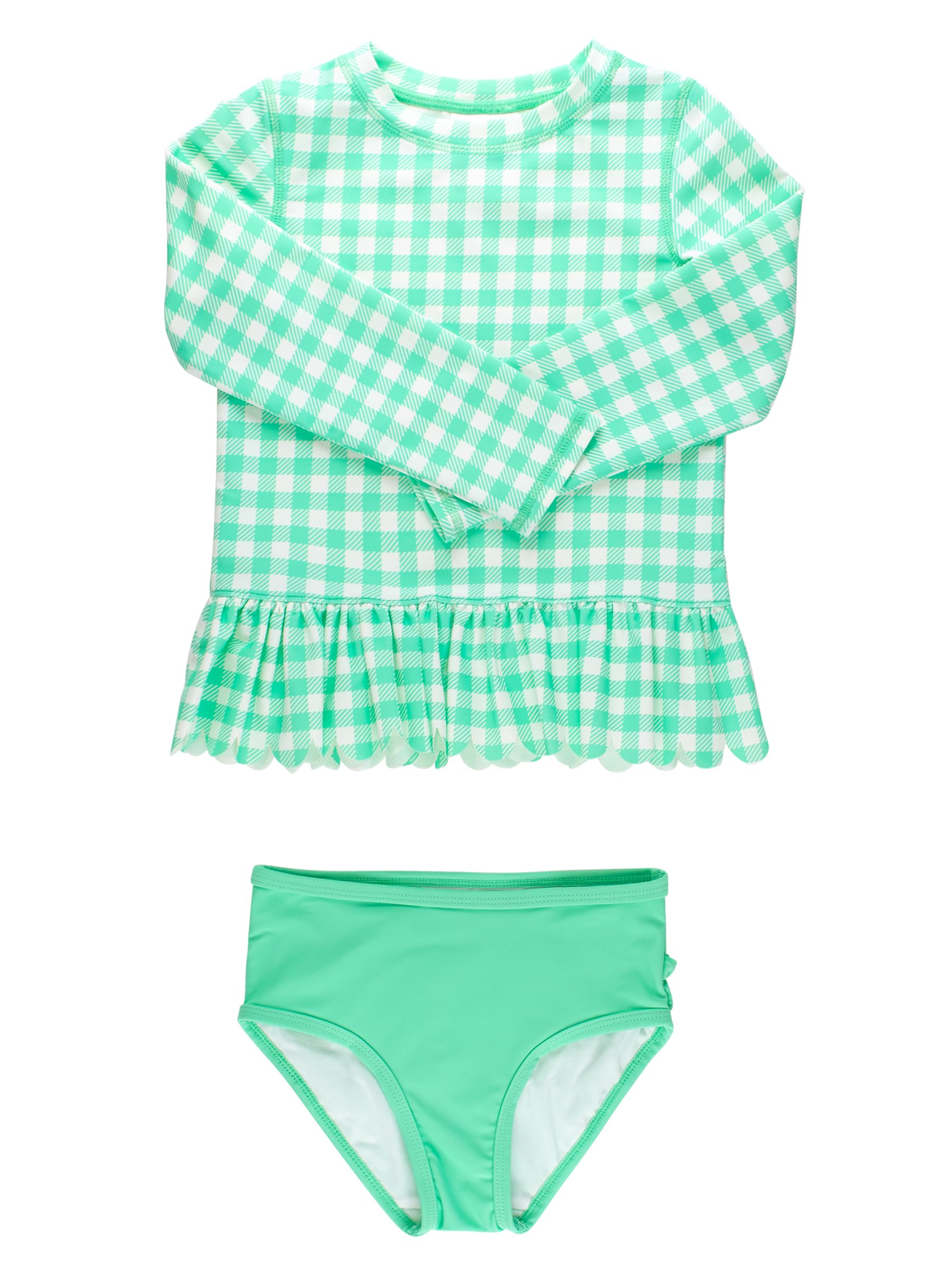 RuffleButts Baby/Toddler Girls Scalloped Long Sleeve Rash Guard 2-Piece UPF50+ Sun Protected Swimsuit - Spring Bud Gingham, 3-6m Image