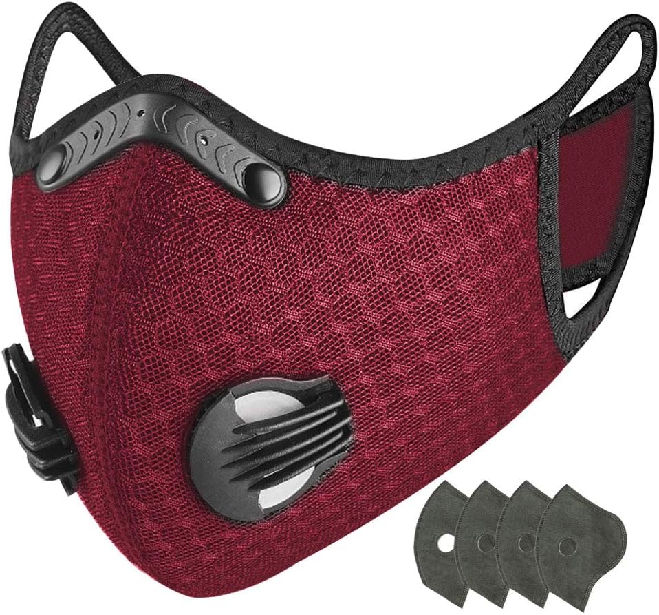 unhg Dust Breathing Mask Activated Carbon Dustproof Mask Sport Mask with Extra Carbon N99 Filters for Pollen Allergy Woodworking Mowing Running Cycling Outdoor Activities (Wine red)