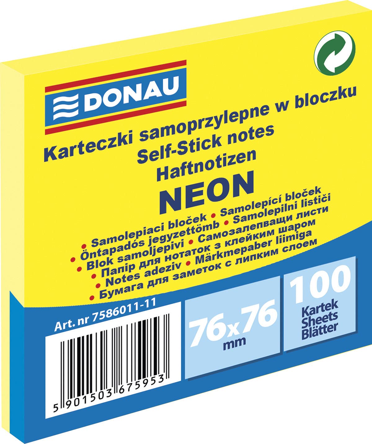 DONAU 7586011-11 Notes Cube Sticky Notes Neon Yellow Self-Adhesive Sticky Notes 76 x 76 mm 1 x 100 Sheets Sticky Notes for Office School Yellow Neon