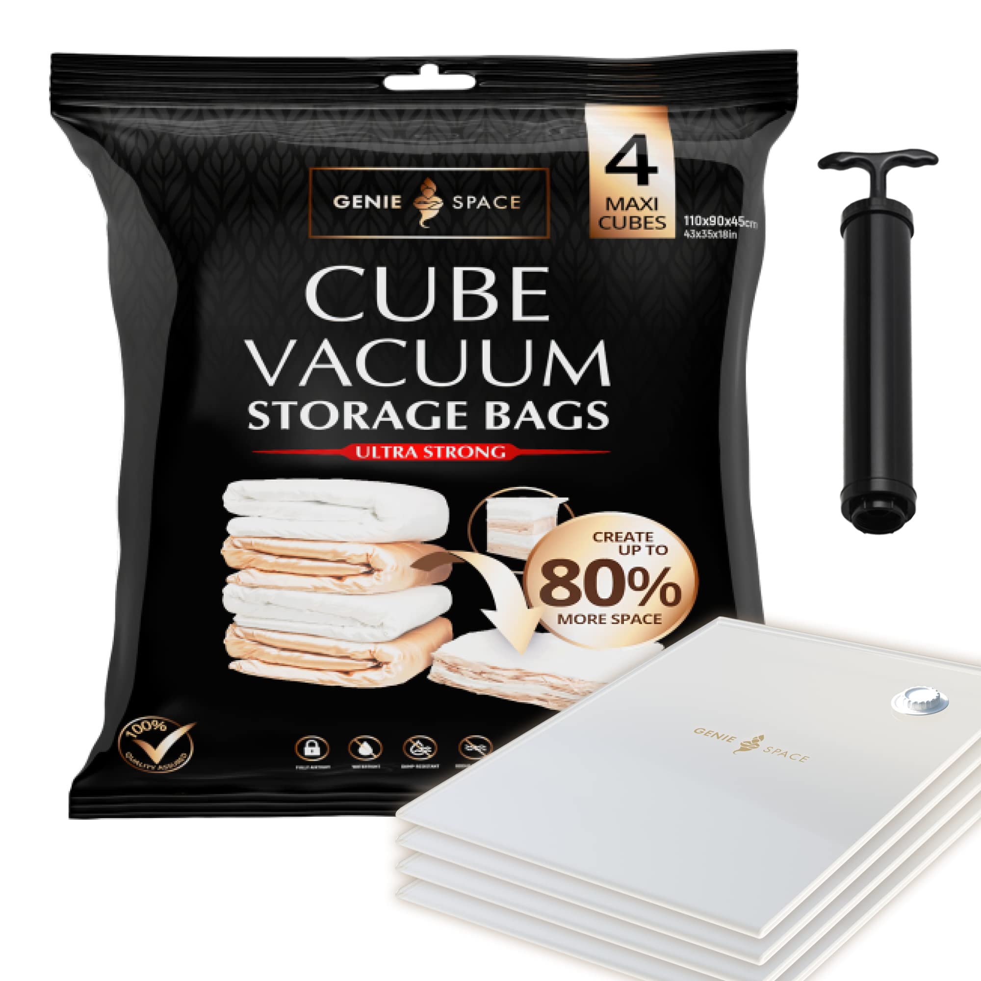 GENIE SPACE Cube Vacuum Storage Bags for Clothes, Bedding and Loft Storage, Maxi Size 110×90×45 cm, Airtight, Odour-Proof and Reusable Space Saver Bags with Double Zipper Seal, 4-Pack with Hand Pump