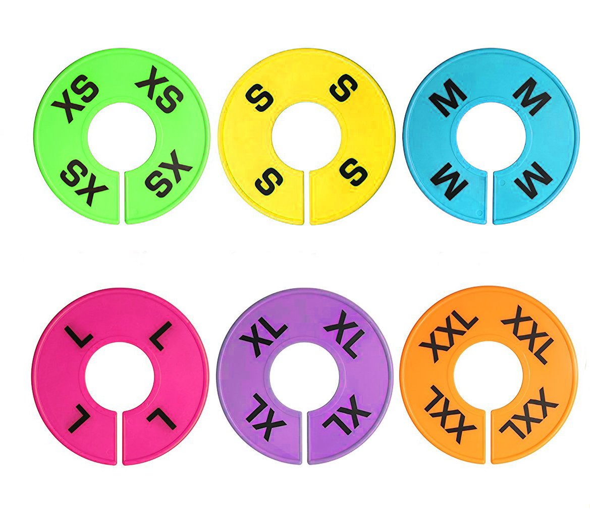 Size Dividers Hangers Markers [XS-XXL 36 Piece 6 colors] Clothing Round Hangers - Closet Rack Size Dividers
