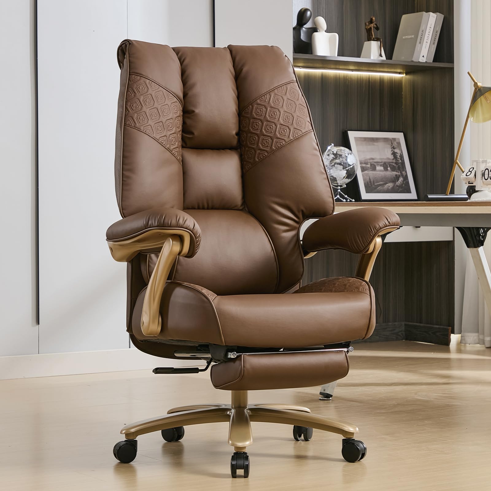 Photo 1 of **ONE WHEEL TOTALLY LOOSE. DIRT/SCRAPESEXCEBET Big and Tall Executive Office Chair with Footrest, 400LBS Capacity Ergonomic High-Back Desk Office Chair with Lumbar Support, Padded Armrests & Thick Cushion, Brown PU Leather Chairs