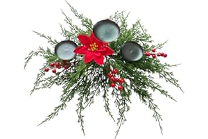 Christmas Candle Holder, Artificial Poinsettia Centerpiece With 3 Candle Holders, Red Berries, Pine, Triple Candelabrum for T