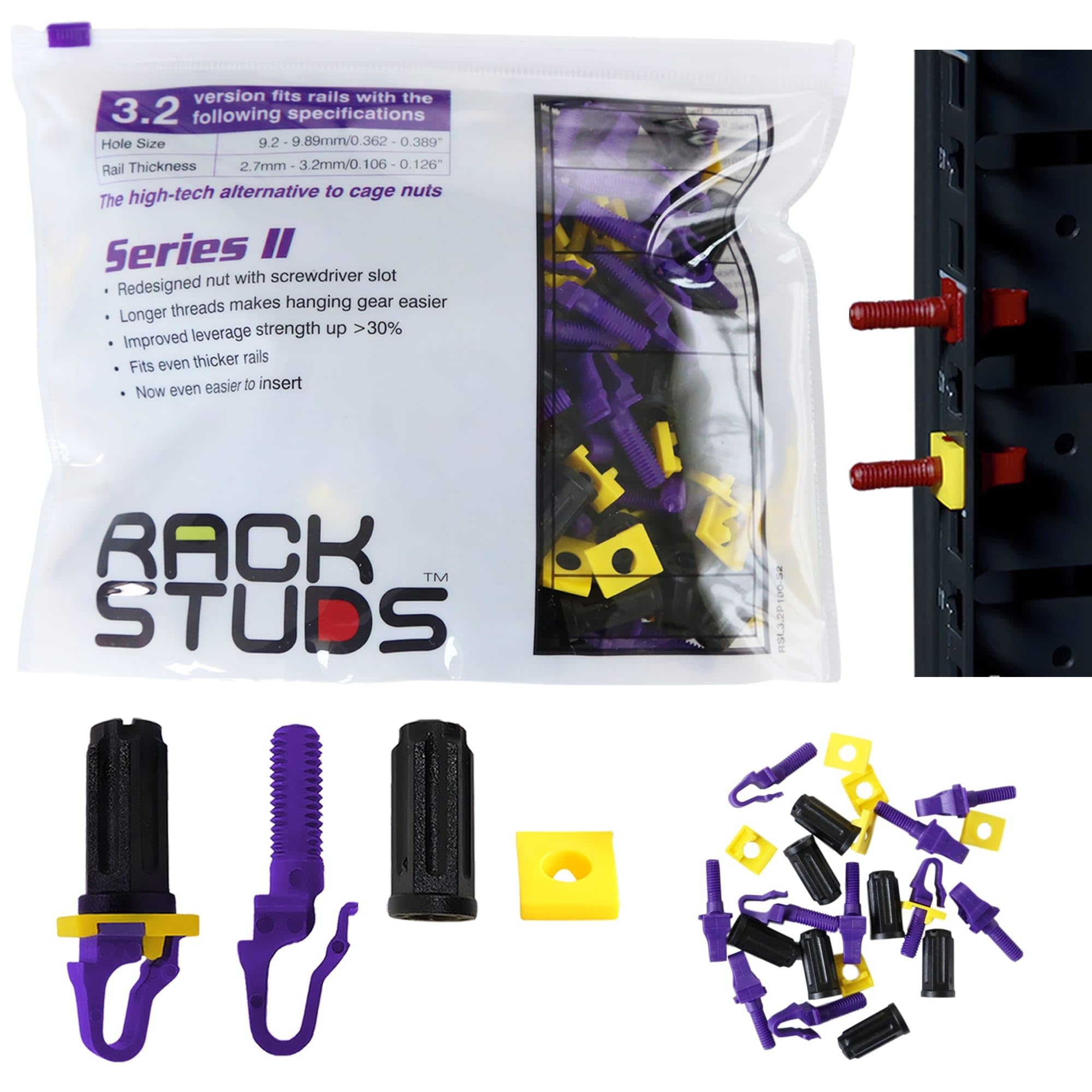 Rackstuds P100 Series II - Server Rack Screws 100-Pack | Cage Nut Replacement Purple 3.2mm/0.126" | A faster, easier solution for rack mounting gear in 19" racks with square punched vertical rails