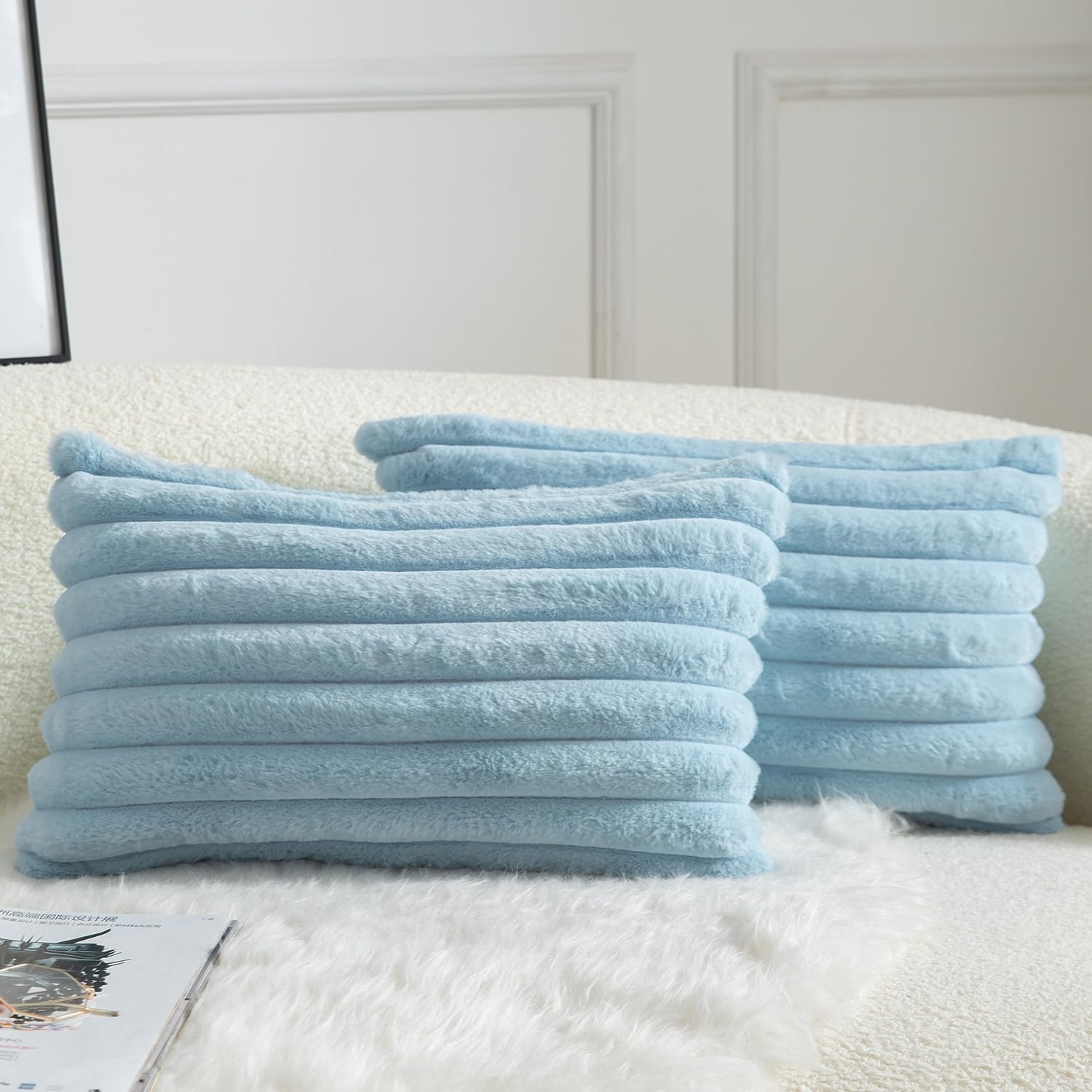 Mandioo Pack of 2 Decorative Cushion Covers 30cm x 50cm Faux Fur Striped Plush Soft Throw Pillow Covers Pillow Cases Bedroom Living Room Sofa Home 12x20 Inch Light Blue