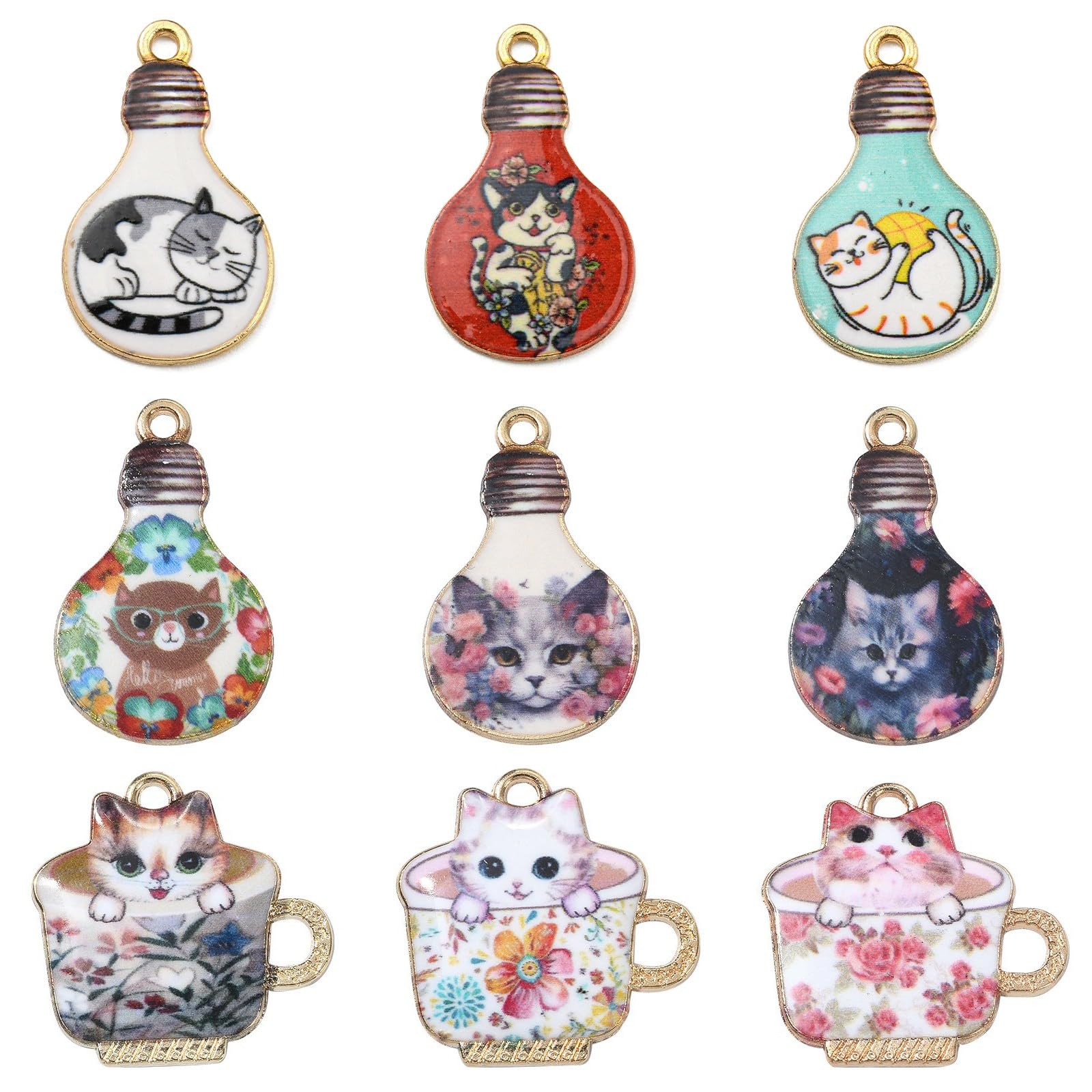 Stiesy 45Pcs 9 Styles Enamel Cat Charms Heart Lamp Bulb Cup with Cat Pendant Charm Printed Animal Dangle Charms Bulk for Jewellery Making Bracelets Crafting