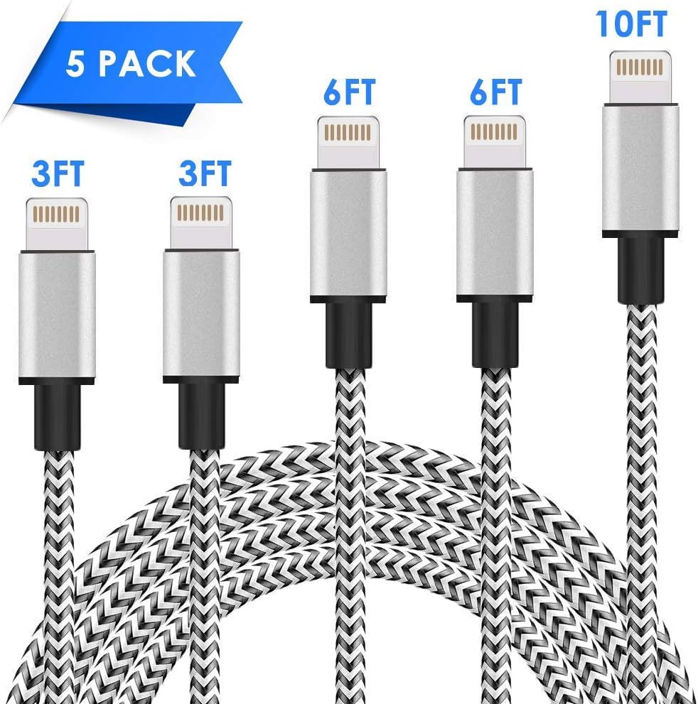 Mfi Certified Lightning Cable 5Pack 3ft 6ft 10ft Nylon Braided USB Fast Charging& Syncing Cord Compatible iPhone Charger XS/Max/XR/8/Plus/ 7/Plus/6S/Plus