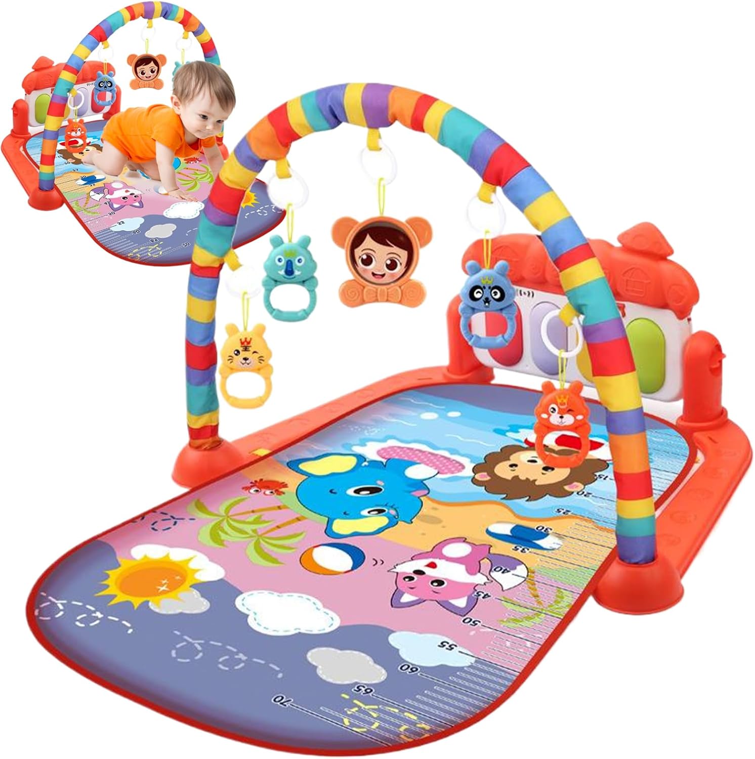 Baby Activity Center with Music & Light Safe & Easy Baby Gym Play Mat with Rattle Pendant Removable Play Mat with Adjustable Board for Newborns and Toddlers Red, Activity Cubes
