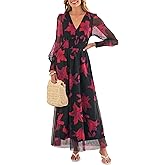 ANRABESS Women's Floral Maxi Dress 2025 Fall V Neck Puff Long Sleeve Flowy Casual Wedding Guest Tea Party Tulle Dresses