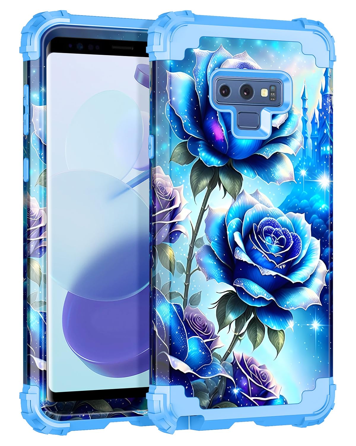 Miqala Compatible with Galaxy Note 9 Case,Glow in The Dark Three Layer Heavy Duty Shockproof Protection Hard Plastic Bumper+Soft Silicone Case for Samsung Galaxy Note 9,Blue Rose