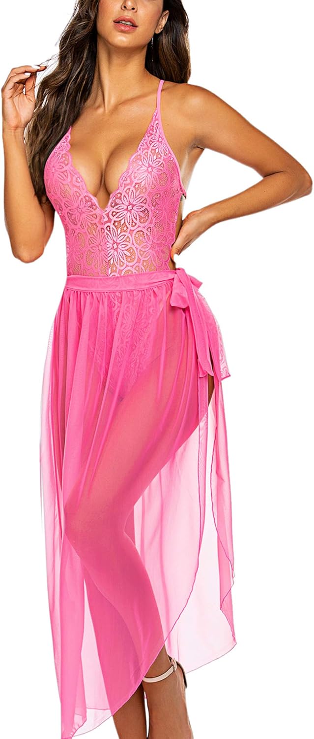 Avidlove Women One Piece Lingerie Deep V Lace Bodysuit Mosaic Lace Teddy Mesh Skirt at  Women’s Clothing store