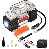 GSPSCN Heavy Duty Tire Inflator 12V Portable Air Compressor Pump 150PSI | 6X Faster Inflation Dual Cylinder Metal Air Pump with Led Light for Car, RV,Pickup Truck, SUV, Van,Camper, Air Bed,Balls
