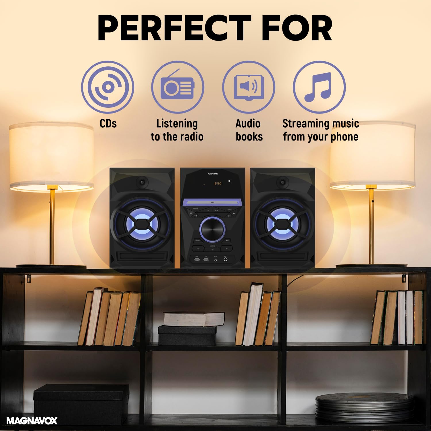 Magnavox 3-Piece CD Shelf System with Bluetooth, FM Radio, Remote Control, Colored Speaker Lights, LED Display, AUX Port - Black