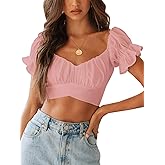 LYANER Women's Ruffle Short Sleeve Tie Up Back Crop Top Off Shoulder Bardot Blouse