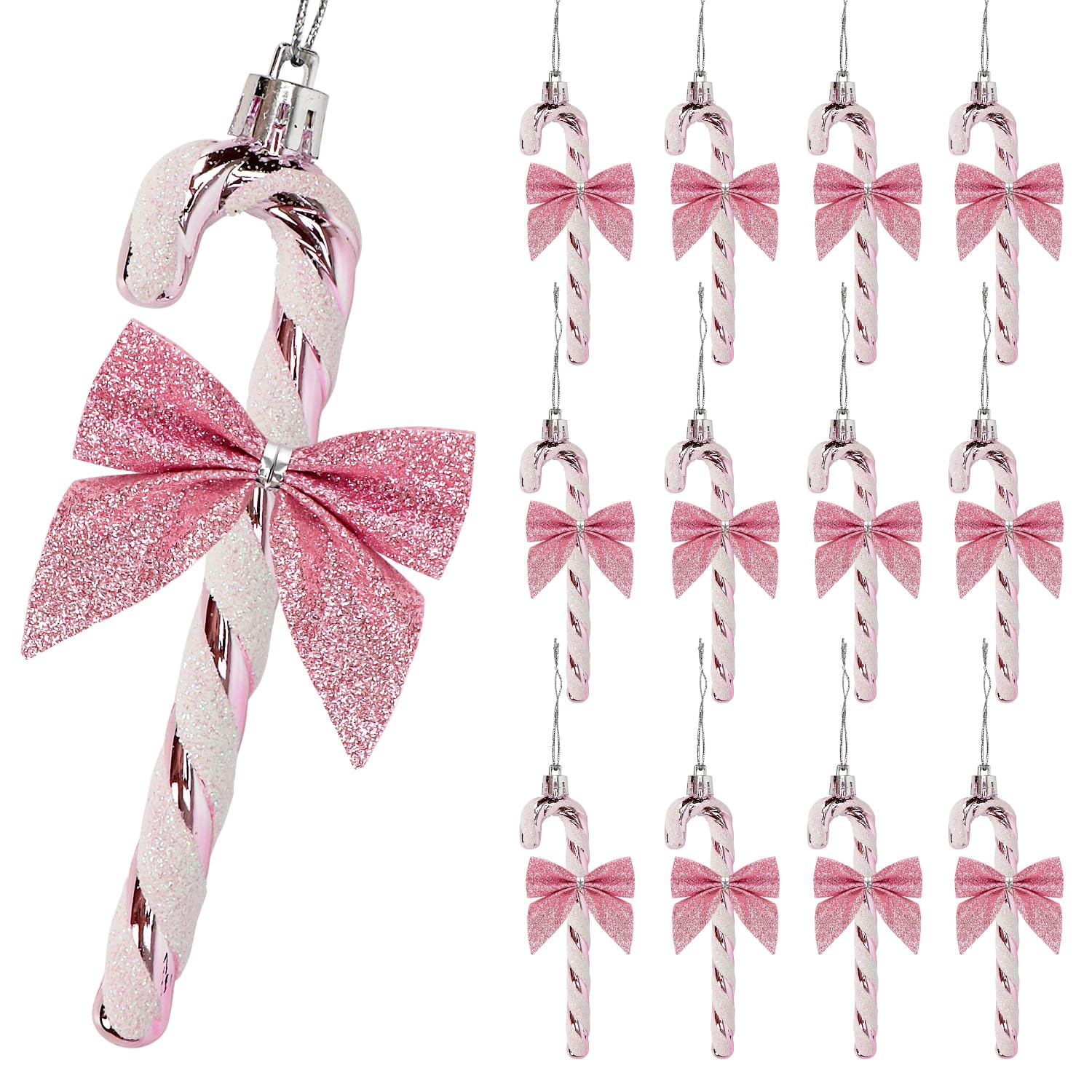 12 Pcs Candy Cane Christmas Decorations,5.5inch Glitter Candy Cane Bows for Xmas Tree Hanging Ornament Holiday Festival Party Home Decoration (Pink)