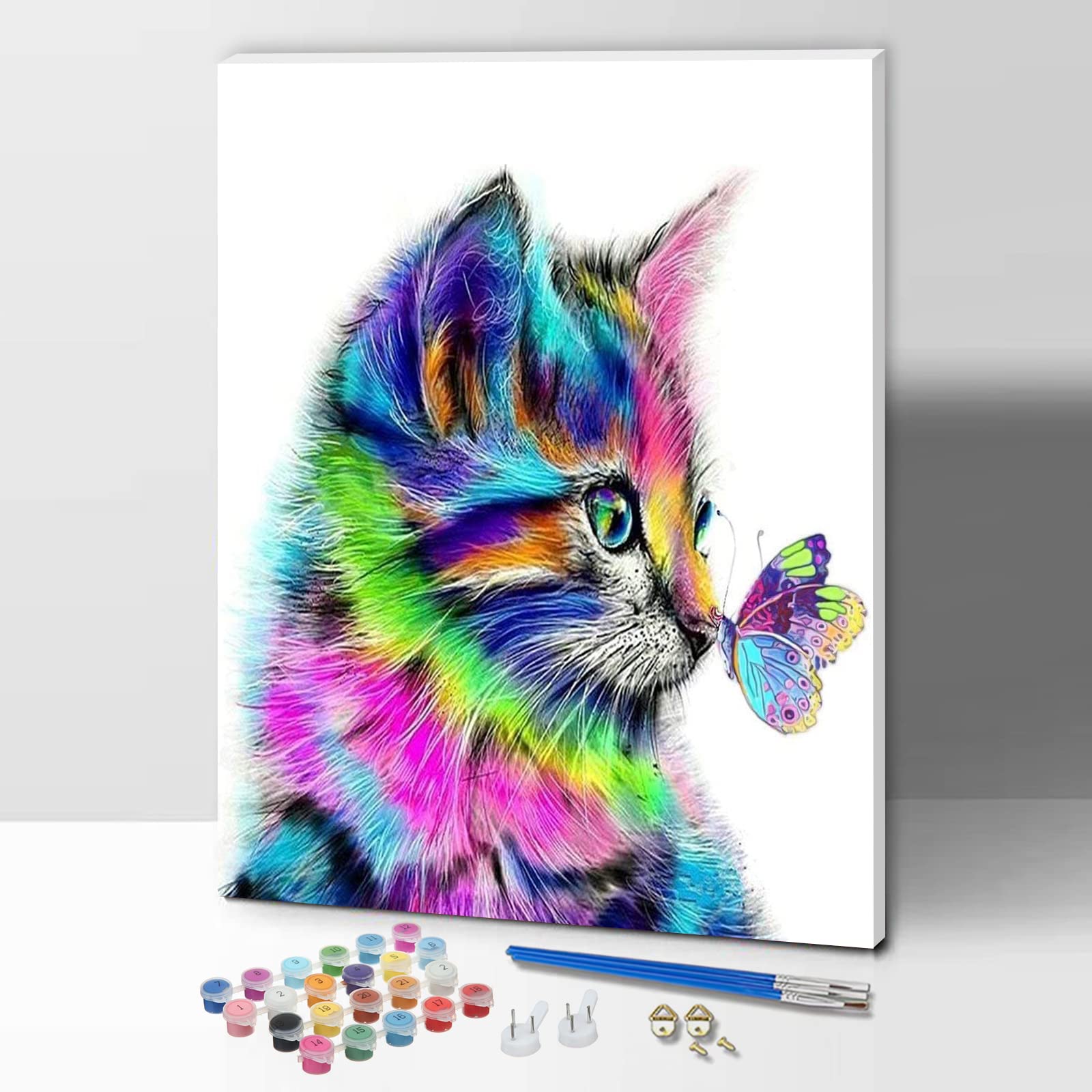 ifymei Paint by Numbers for Adults, Children, Beginners, DIY Gift Canvas Painting Kits with Frame, 12x16 Inch Colorful Cats and Butterflies