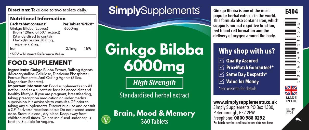 Ginkgo Biloba Tablets 6000mg | Supports Circulation and Mental Performance | 360 Tablets = Up to 1 Year Supply | Manufactured in The UK: Health & Personal Care