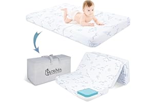 Mochen Trifold Pack and Play Mattress, 38x26 Dual-Sided Memory Foam Pack N Play Mattresses for Baby Toddlers, Portable Travel Crib Mattresses with Removable Dinosaurs Cover & Carry Bag